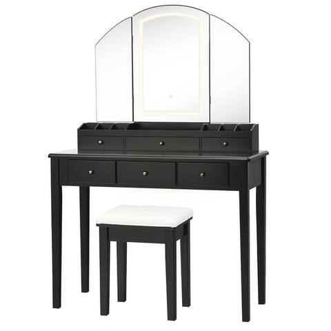 Vanity Table Stool Set Large Tri-folding Lighted Mirror 6 Drawer