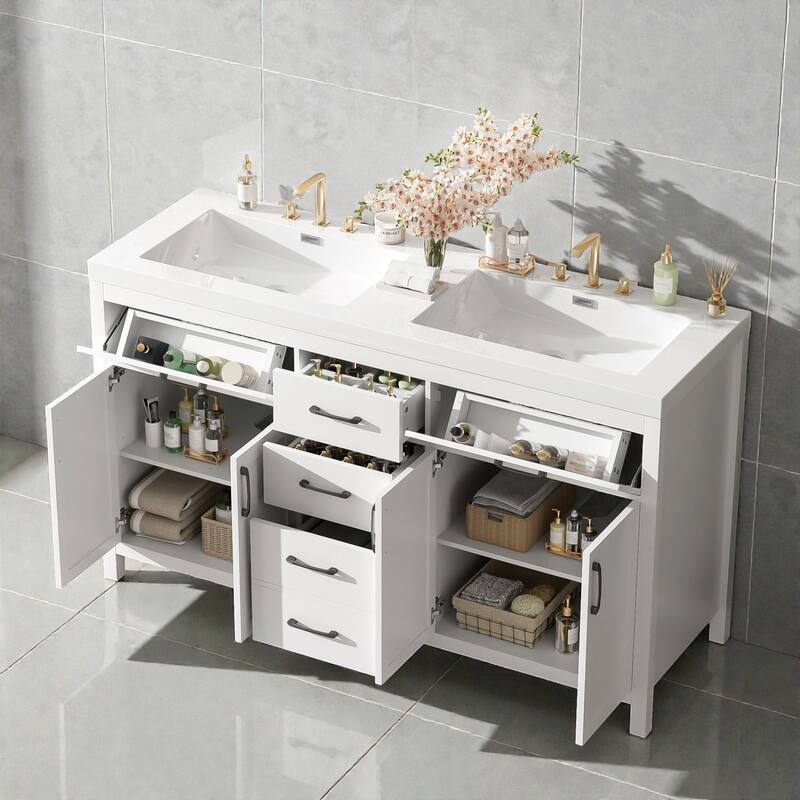 59.3" Modern Double Sink Bathroom Vanity with SMC Sinks, Solid Wood Frame, Soft-Close Doors & Drawers, Adjustable U-Shaped Shelf