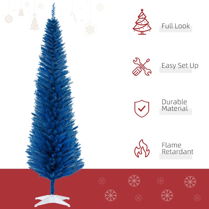 HOMCOM 7' Artificial Pencil Christmas Tree, Slim Xmas Tree with 499 Realistic Branch Tips and Plastic Stand, Blue - 6.89 ft