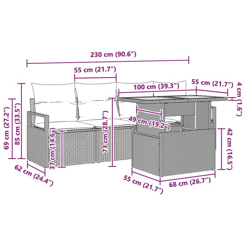 vidaXL 5 Piece Garden Sofa Set with Cushions - 90.6×24.4×27.2