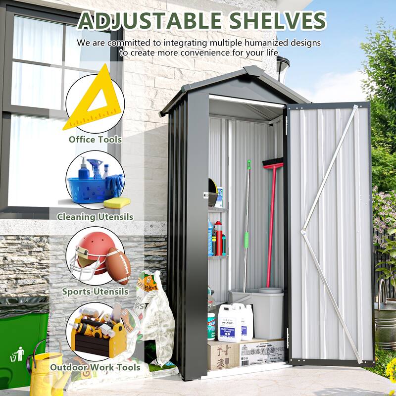 Black Metal Outdoor Garden Shed Storage Locker with Waterproof Roof and UV Protection - 29.52"W x 16.92"D x 69.68”H