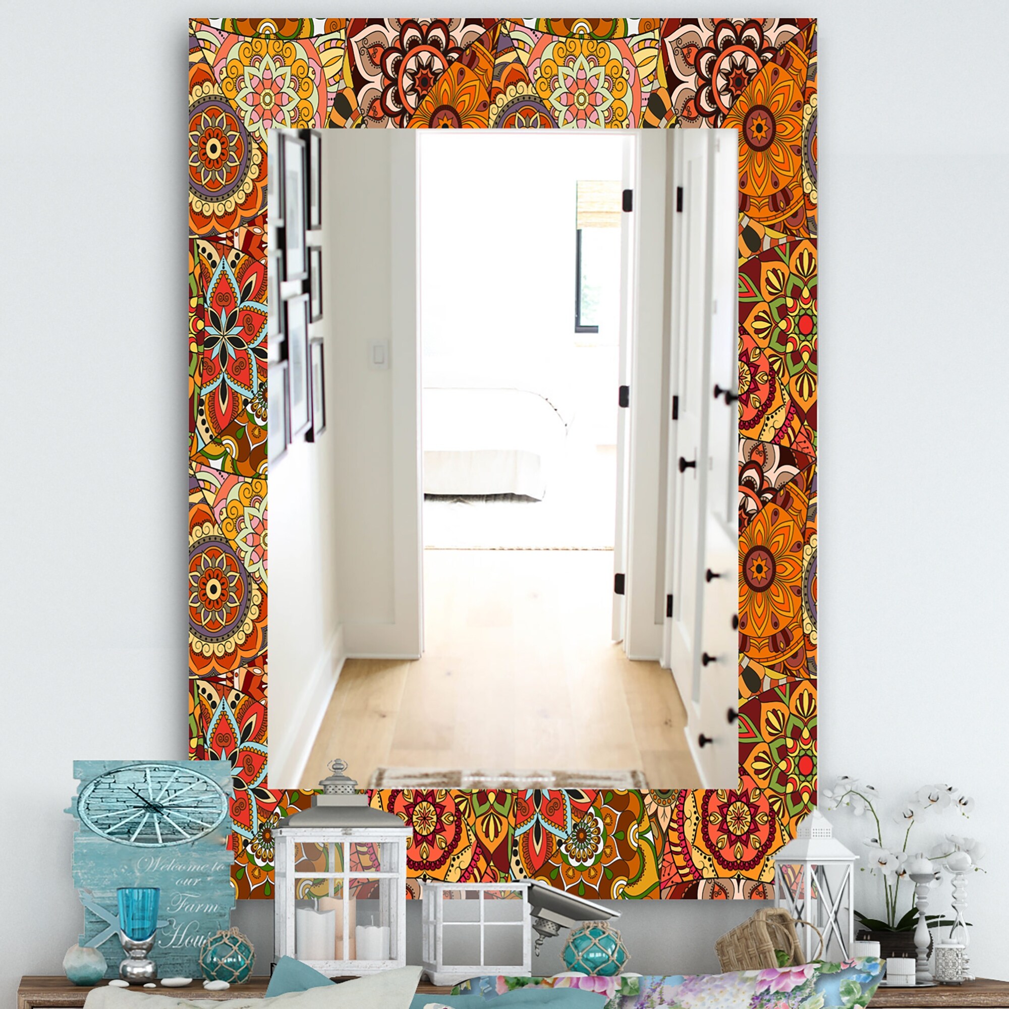 如月セールΦ Art Mirror Galleryカットガラス 壁掛けミラー Designart 'Pattern Tile With Mandalas' Bohemian and Eclectic