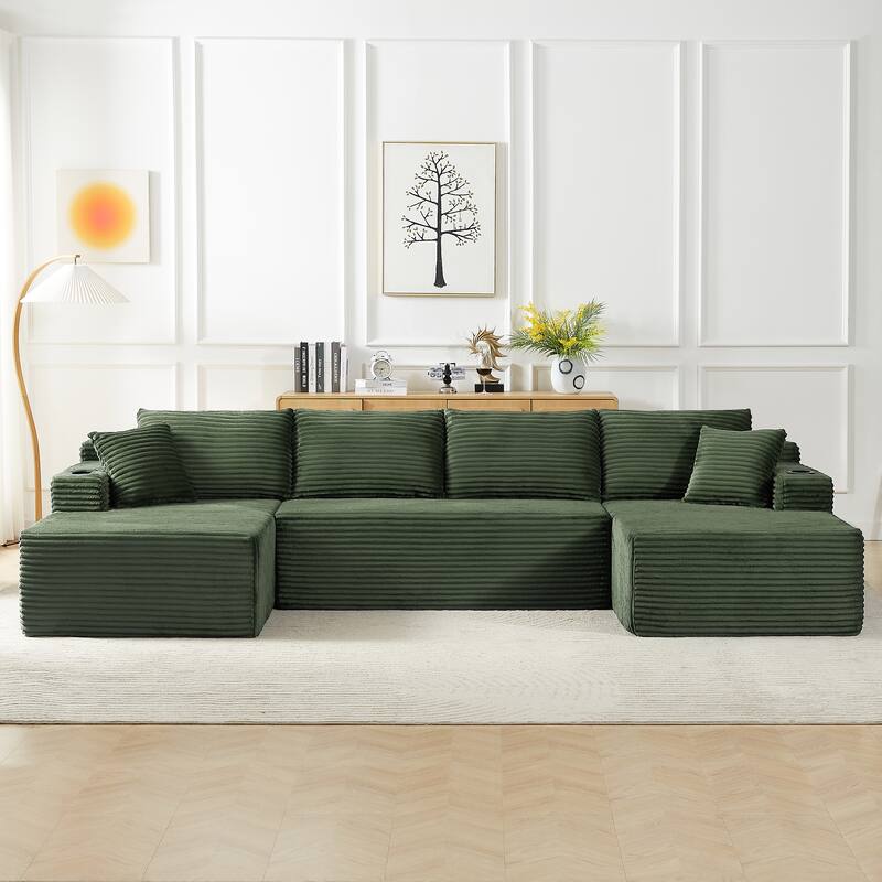 Corduroy Upholstery Cloud Modular Sectional Sofa with Chaise and Pillows, All-Foam Compression Design