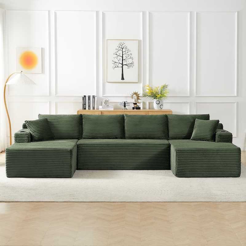 Minimalist Modular Lounge Couch U-shaped Sectional Sofa with Chaise, Corduroy Sleeper Sofa Bed with Side Pockets and Cup Holders