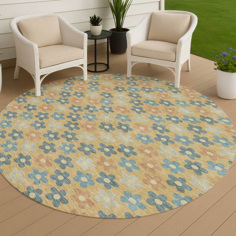 Machine Washable Indoor/ Outdoor Floral Kechi Chantille Rug - Gold - 8' x 8'