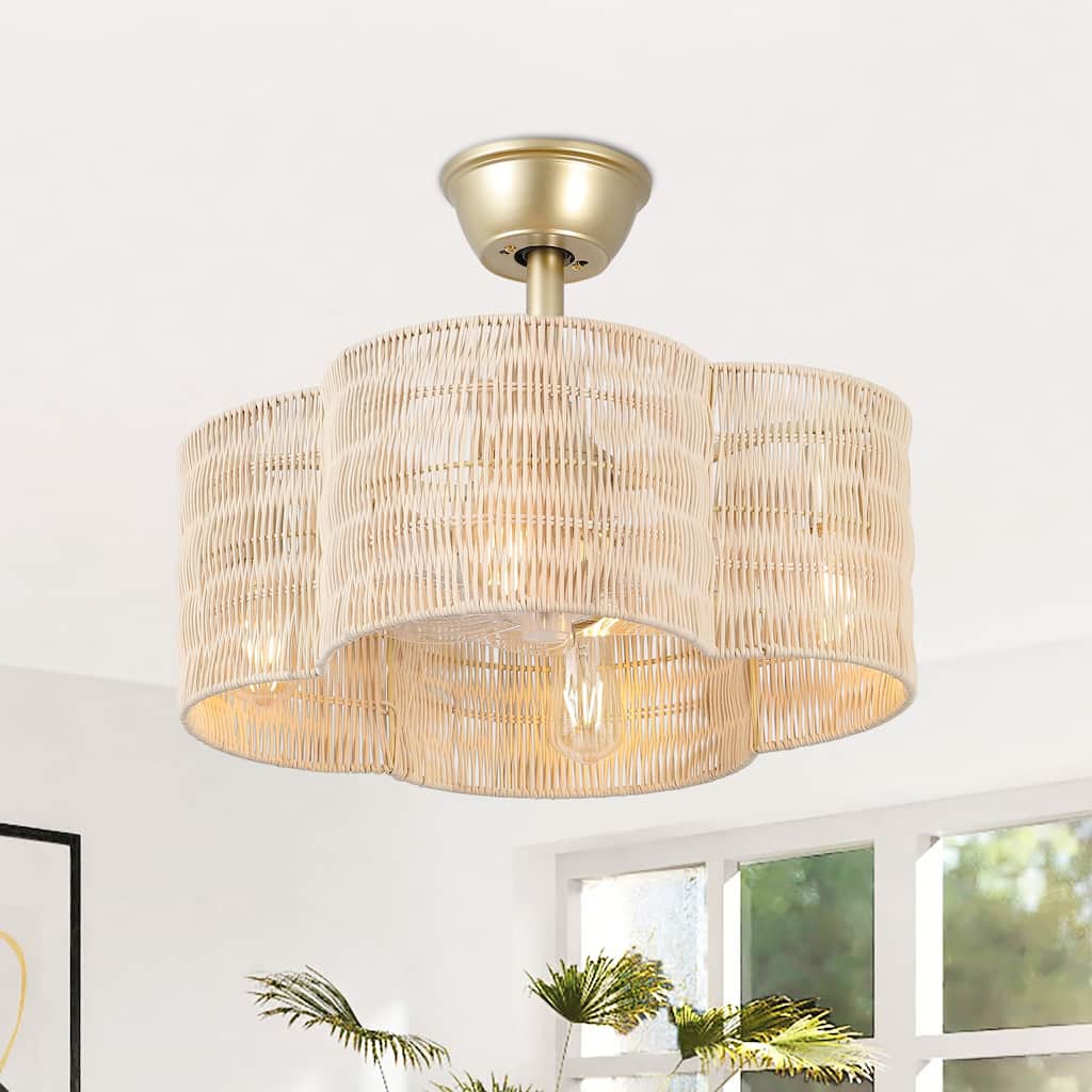 GetLedel 19.7" Scalloped Rattan Ceiling Fan with Remote and Light
