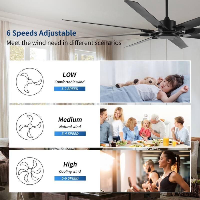 72 Inch 6 Speed Ceiling Fan No Light with Remote Control, Reversible Airflow Ceiling Fan with 3 Down Rods (10/16/24 in)