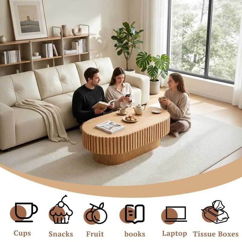 43.1"Oval Coffee Table,Mid Century Modern Fluted Coffee Table with Pedestal, Classic Wood Coffee Table for Living Room