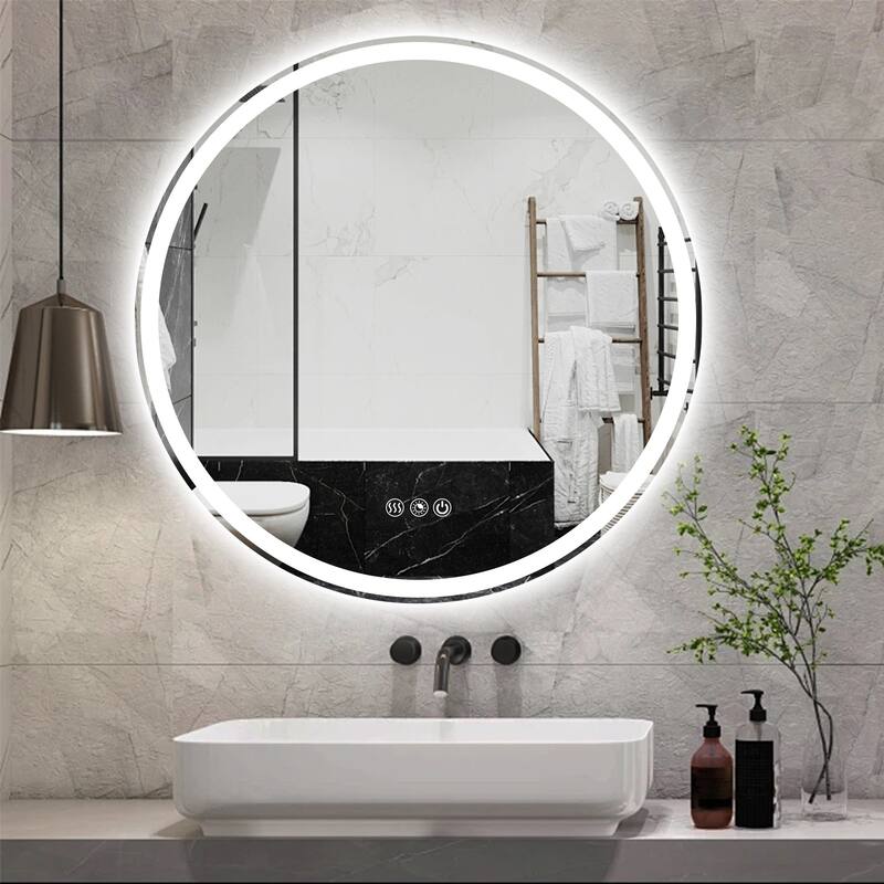 Round LED Bathroom Mirror Frameless Wall Mounted LED Bathroom Vanity Mirror Dimmable Anti-Fog 3 Colors LED Makeup Mirror