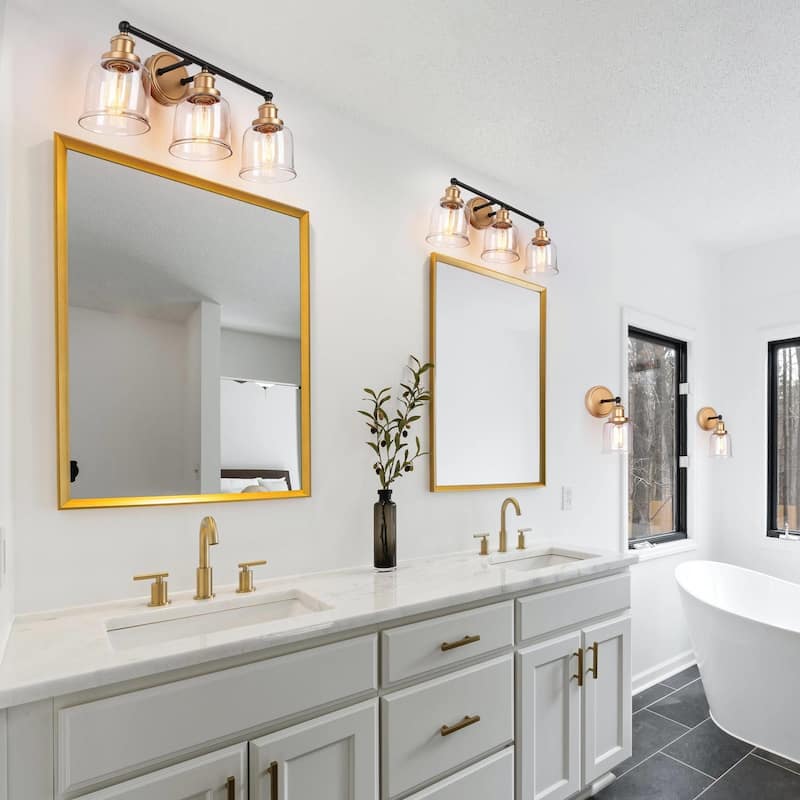Mid-century Modern Black Gold Wall Sconces with Clear Bell Glass for Bathroom Vanity - L 4.5" x W 7" x H 10"