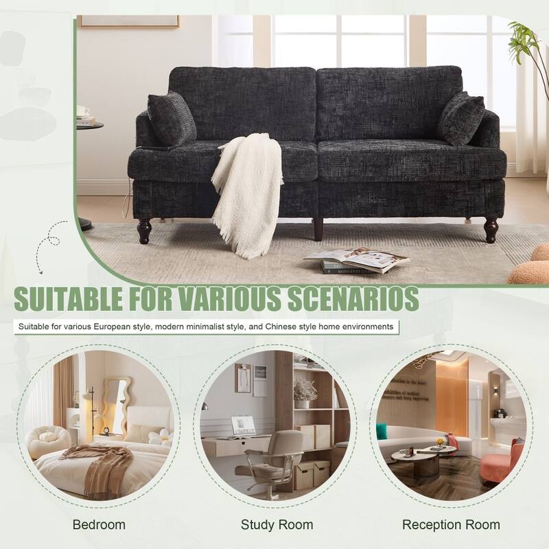 Modern Chenille 2-Seater Wood-Legged Sofa with LED light, USB Charging Port and Storage Bag