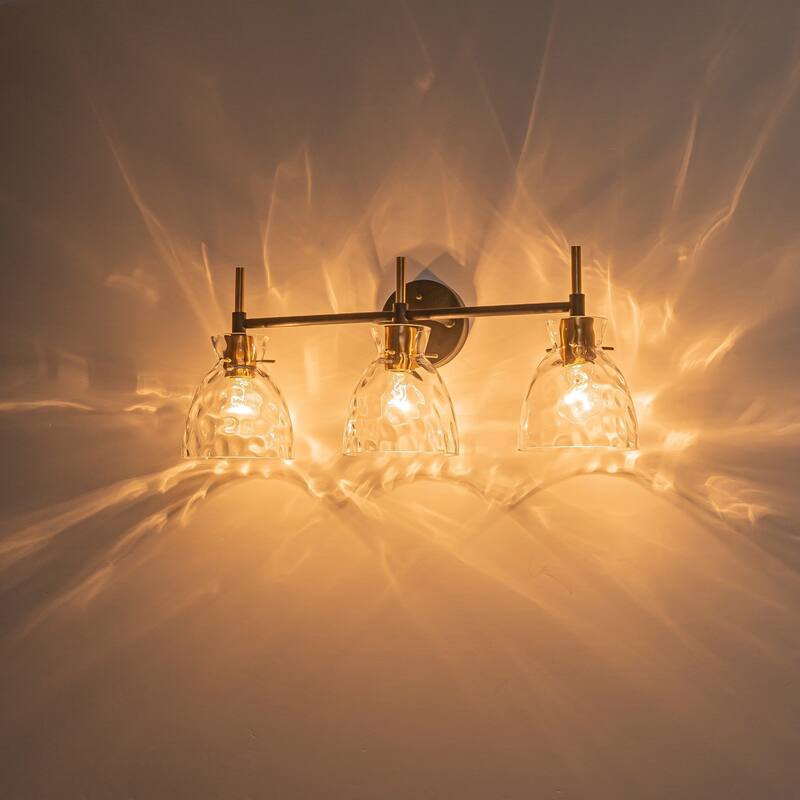 1-Light/3-Light Matte Black and Antique Brass Bathroom Vanity Light with Water-Rippled Glass Shade
