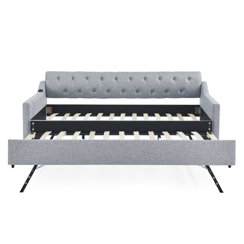 Twin Size Upholstery Daybed with Erectable Trundle & USB Design