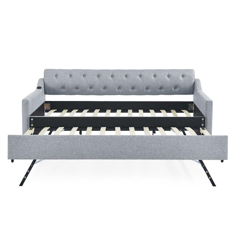 Upholstery Daybed with Twin Size Erectable Trundle and USB Charging Design