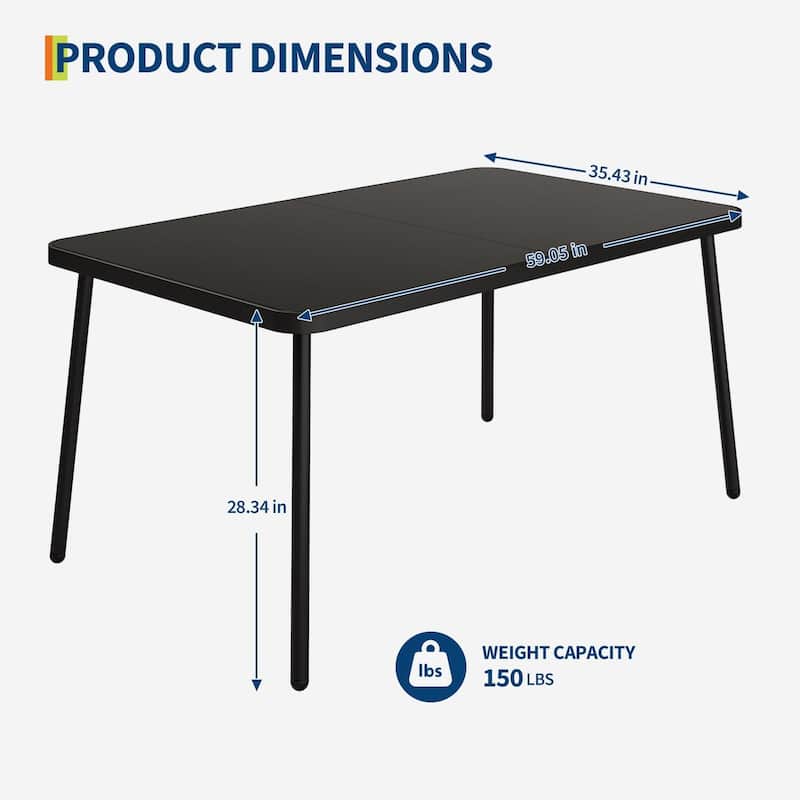 59" Tempered Glass Dining Table, Rectangular Outdoor Dining Table