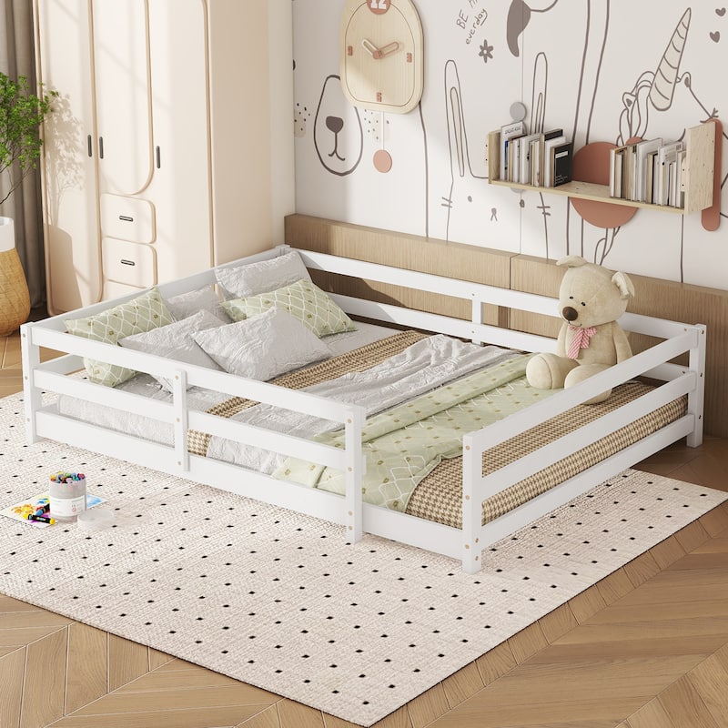 Full Size Wood Montessori Floor Bed w/ Fence for Kids, Girls, Boys -White, Easy Assemble - White