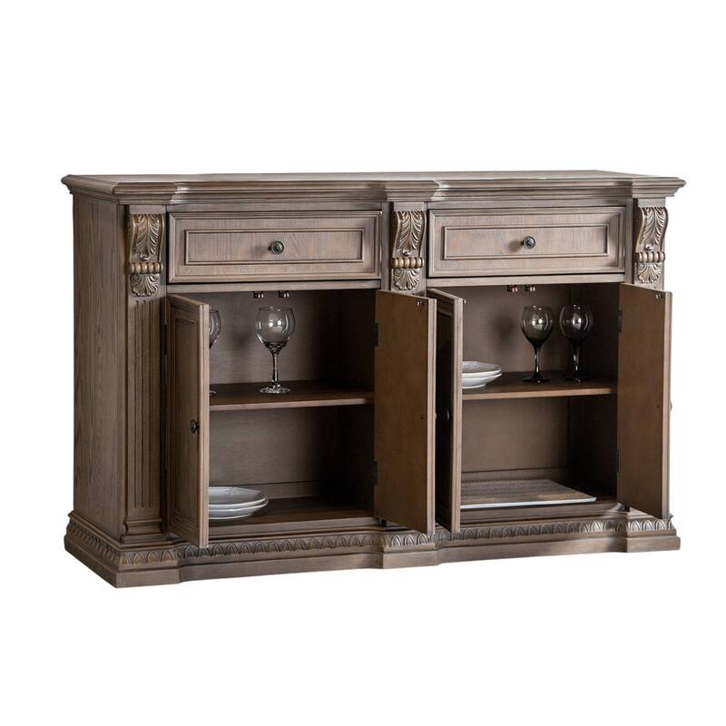 4 Doors and 2 Drawers Wooden Server with Fluted Posts in Weathered Oak
