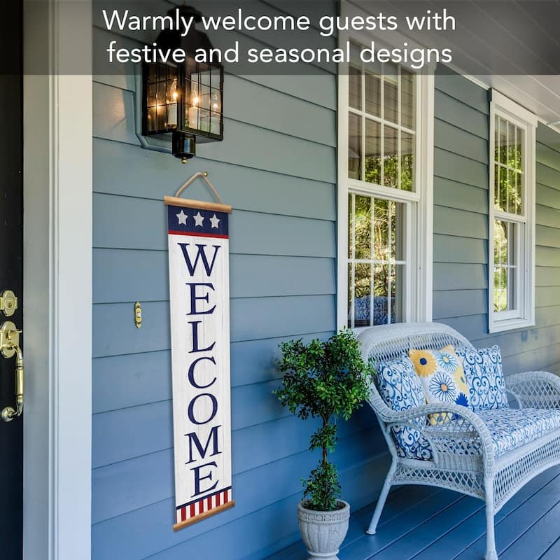 Patriotic Welcome Indoor/Outdoor Vinyl Hanging Entryway Sign Made in the USA Reusable Easy Wipes Clean Easy Storage