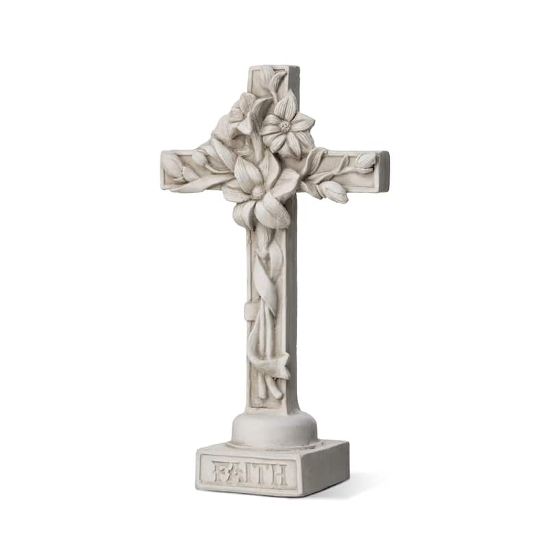 Glitzhome 21"H MGO Holy Christian Cross with Lily Garden Statue for Outdoor Indoor Christ Decor Sculpture