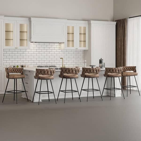 slide 2 of 10, Javlergo Set of 2/4/6 Counter Height Bar Stools 26.77" Upholstered Woven Back Bar Chairs with Armrests and Footrest Set of 6 - Brown
