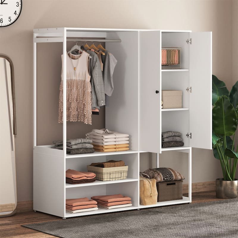 Spacious 2-Door Storage Cabinet Wardrobe Closet with Hanging Rod and Shelves