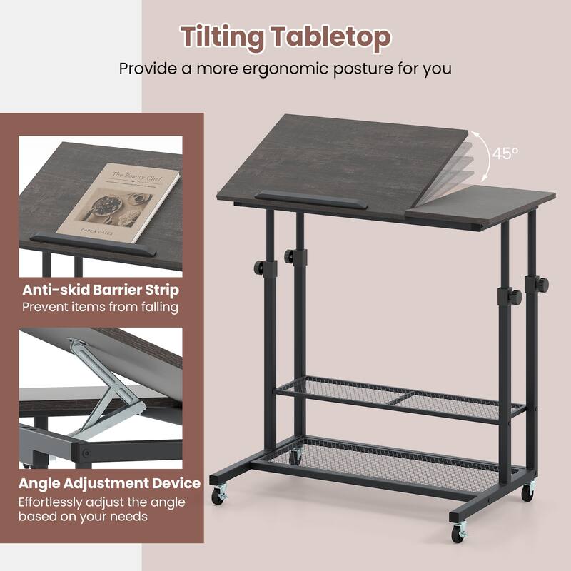 Mobile Standing Desk Adjustable Height Rolling Table with Tilt Top