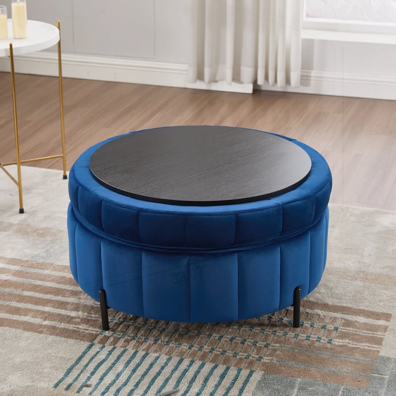 31.5"W Upholstered Round Ottoman With Reversible Lid