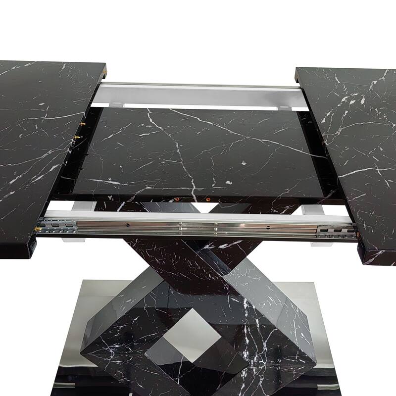 Modern Square Dining Table,Stretchable,Printed Marble Table Top+ X-Shape Table Leg with Metal Base