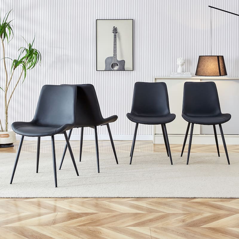 Set of 4 Black artificial leather backrest cushion dining chair, black metal legs, curved widened cushion design