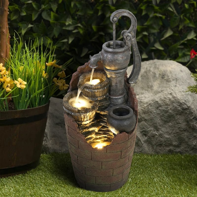 32.6-inch High Water Pump Cascading Water Fountain with LED Lights - Polyresin - Floor - Brown
