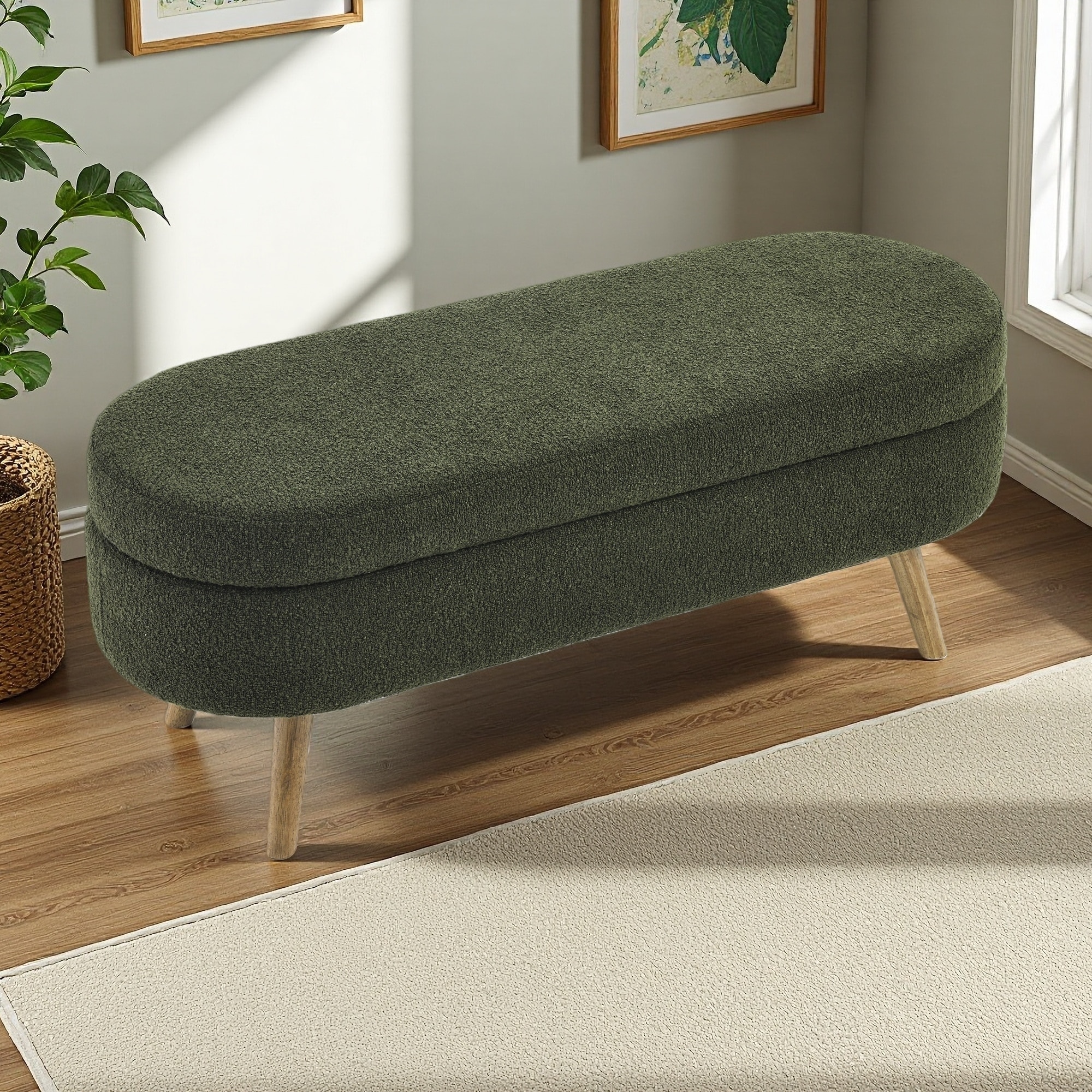 43.5"L Oval Ottoman Storage Bench with Rubber Wood Legs - Pleated Fabric, Footstool, and Seat with Extra Storage Function
