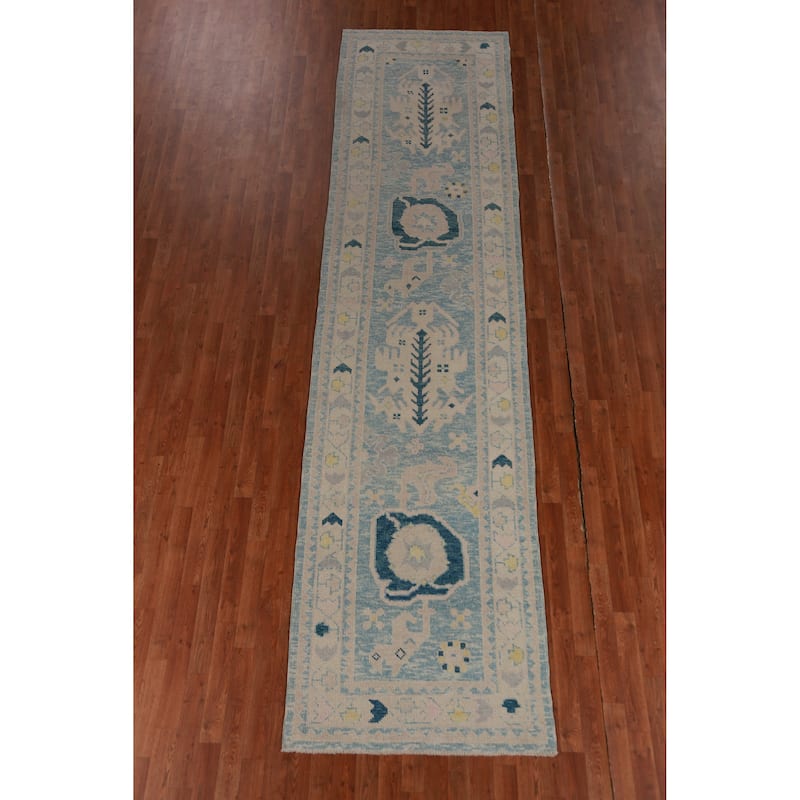 Hand Knotted Oriental 100% Wool Carpet Transitional Geometric Navy Blue & Blues Oushak Runner Rug - 14' 0'' X 3' 4''