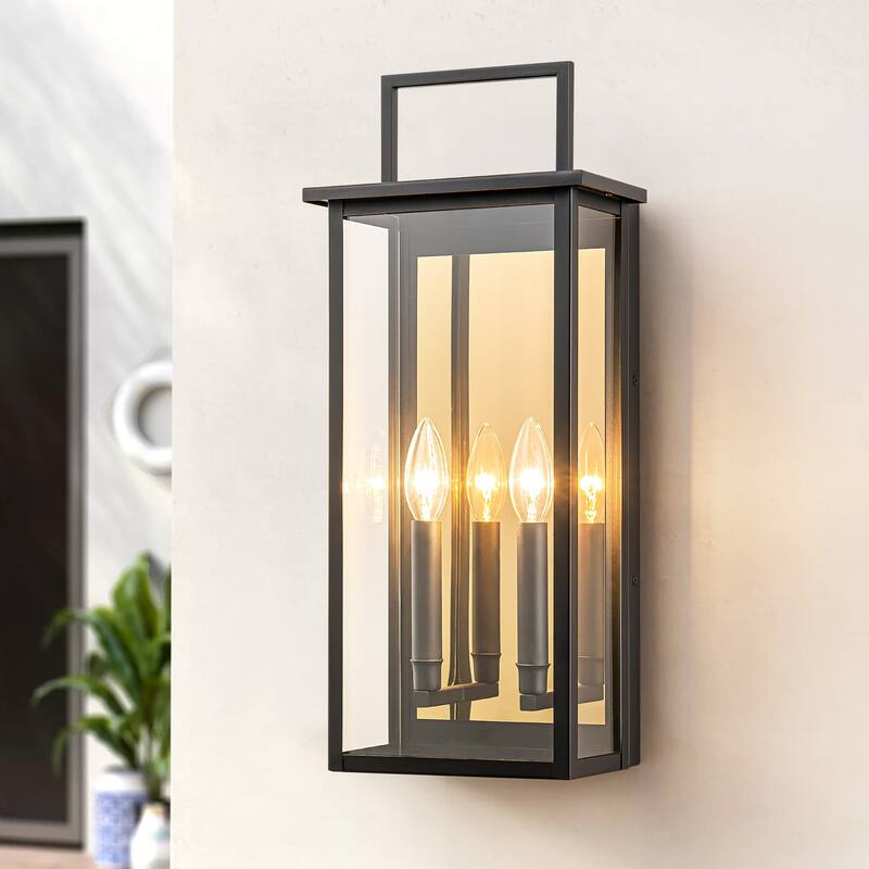 2-Light Industrial Black Outdoor Light Square Clear Glass Waterproof Lantern Wall Sconce - 8.6 in. W x 19.8 in. H x 5.1 in. D - 8.6 in. W x 19.8 in. H x 5.1 in. D - Black