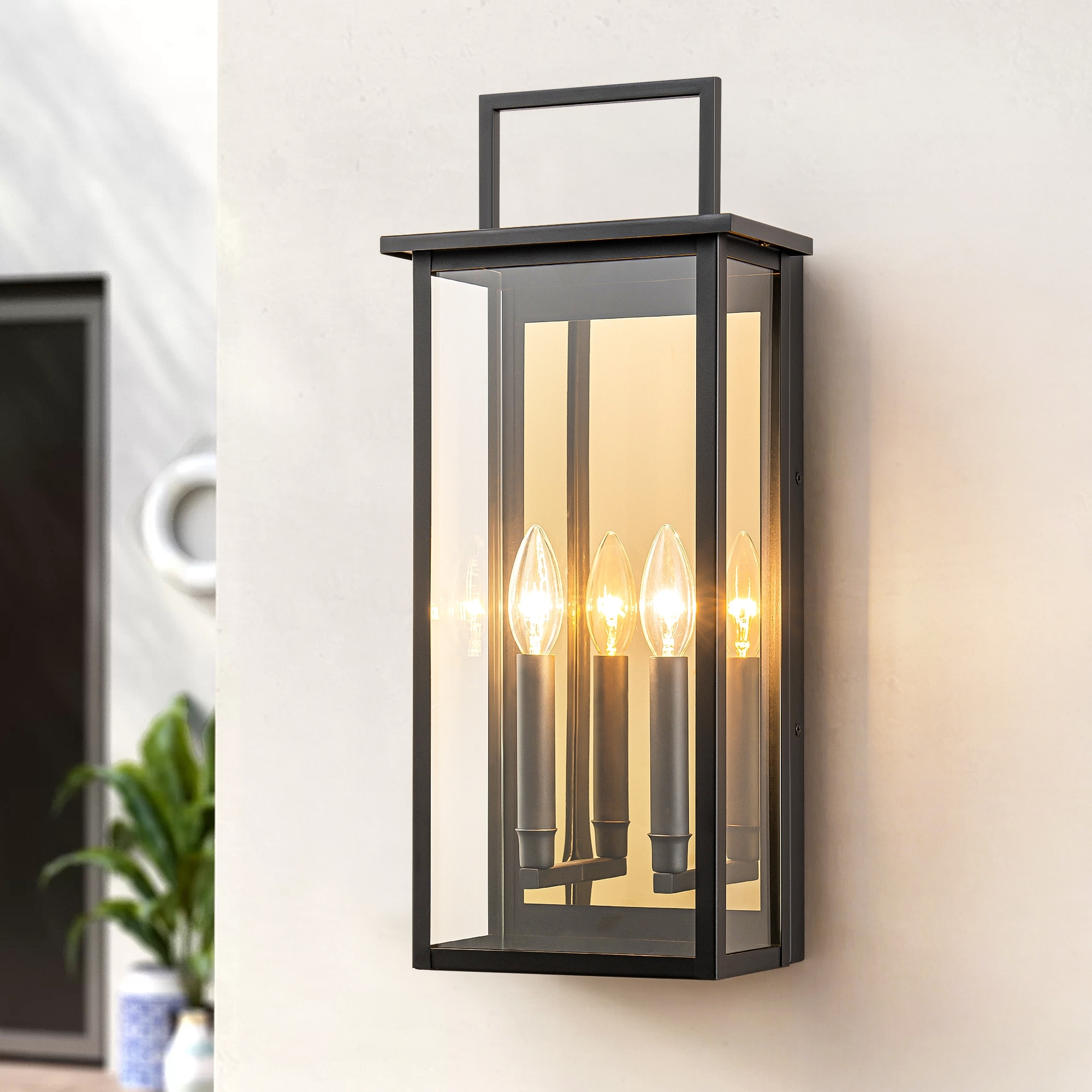 2-Light Industrial Black Outdoor Light Square Clear Glass Waterproof Lantern Wall Sconce - 8.6 in. W x 19.8 in. H x 5.1 in. D