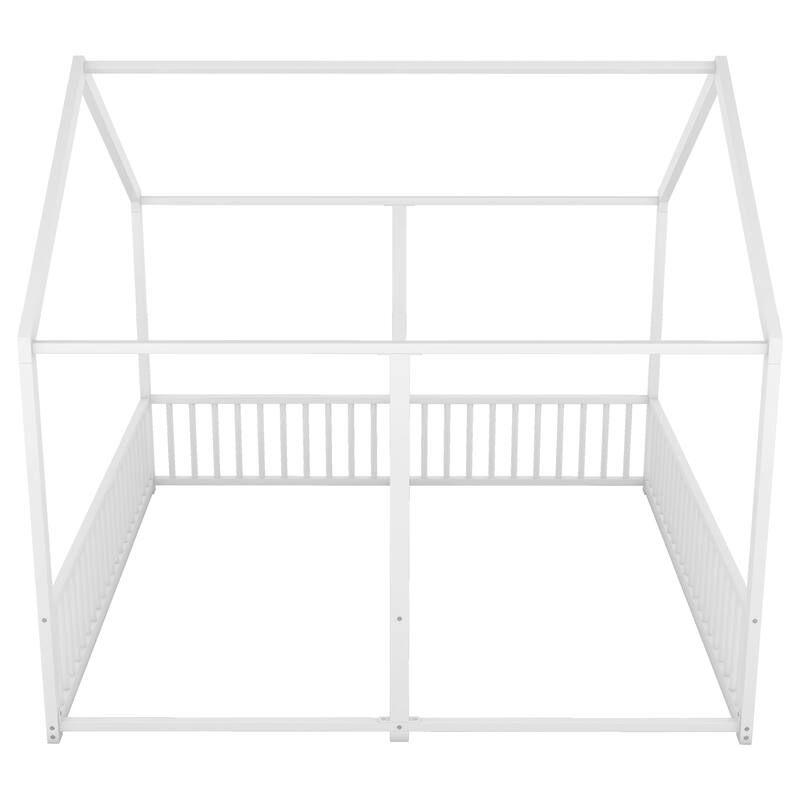 White Twin Size Metal House Platform Bed with Guardrails, Two Shared Beds