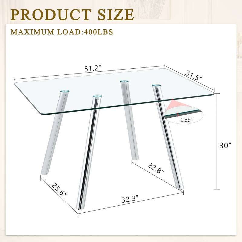 51-Inch Tempered Glass Dining Table with Sturdy Metal Legs