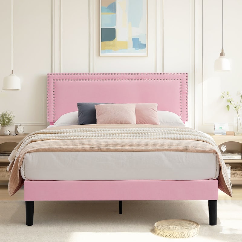 VECELO Upholstered Bed Frames with Height Adjustable Headboard - Pink - Full