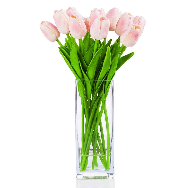 Enova Home Artificial Real Touch Tulips Fake Silk Flowers Arrangement in Glass Vase with Faux Water for Home Wedding Decoration - Pink