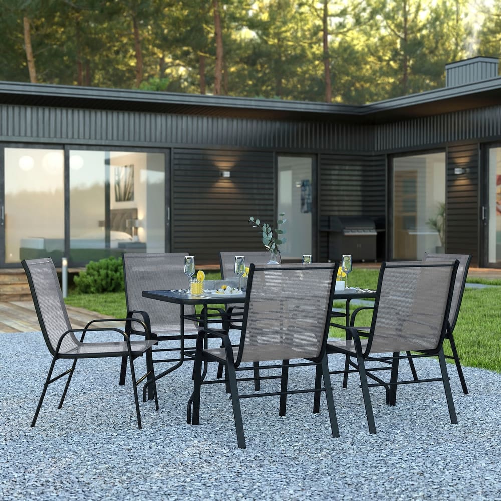 7-Piece Rippled Glass Outdoor Patio Table and Stacking Chairs Set