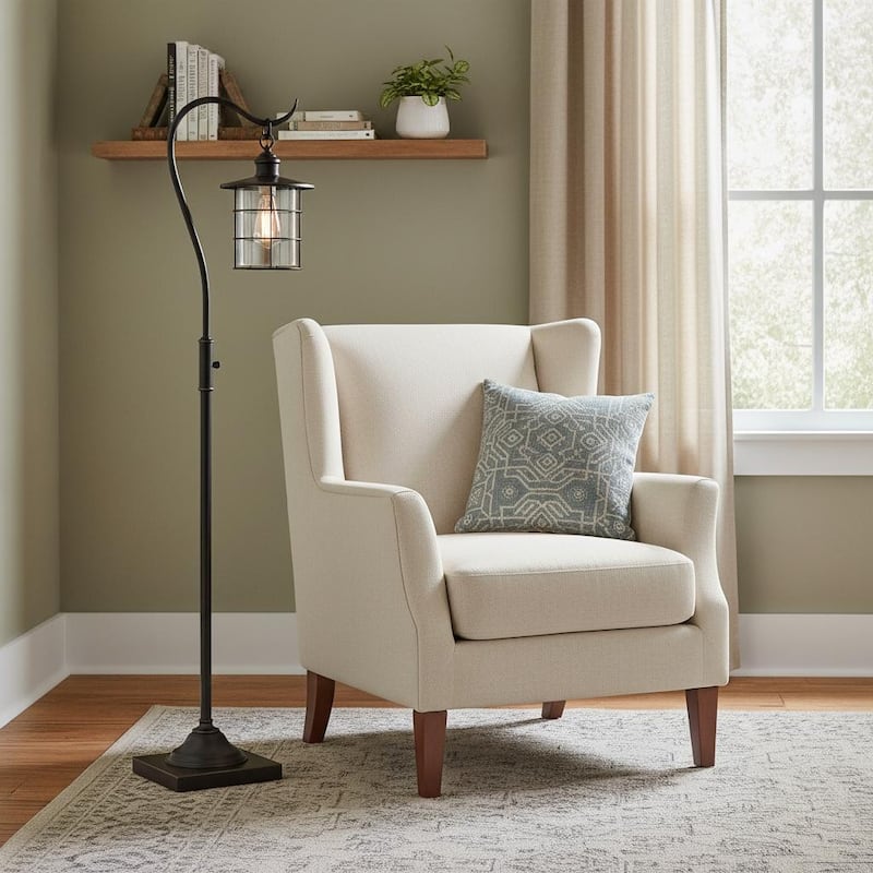 HomeRoots 60" Antiqued Bronze Lantern Style Floor Lamp With Glass and Metal Shade - 13.5