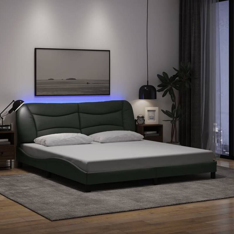 vidaXL Bed Frame with LED Lights Base Curved Platform Bedroom Furniture Fabric - Dark gray-California King