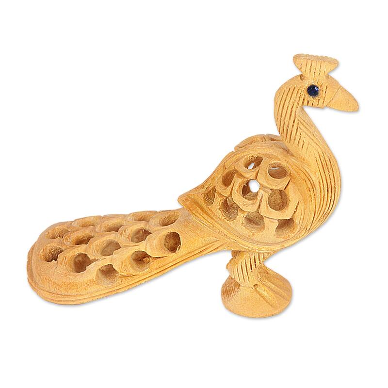 Novica Handmade Opulent Peacock Mini Wood Sculpture