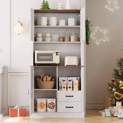 Modern Kitchen Pantry Cabinet with Microwave Stand, Tall Hutch Bar Cabinet with Drawers & Adjustable Shelves