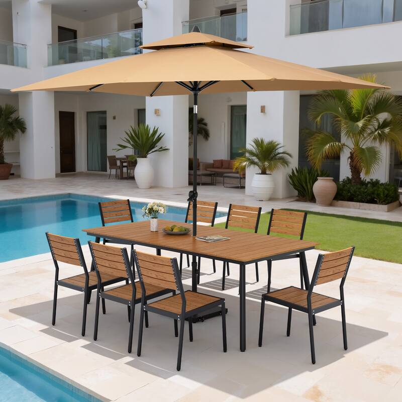 11PC Outdoor Patio Dining Set Wood-Like Aluminum Table with Stackable Chairs,Double Top Market Umbrella and Wheel Base - BrownTable&BrwonChairs&TanUmbrella