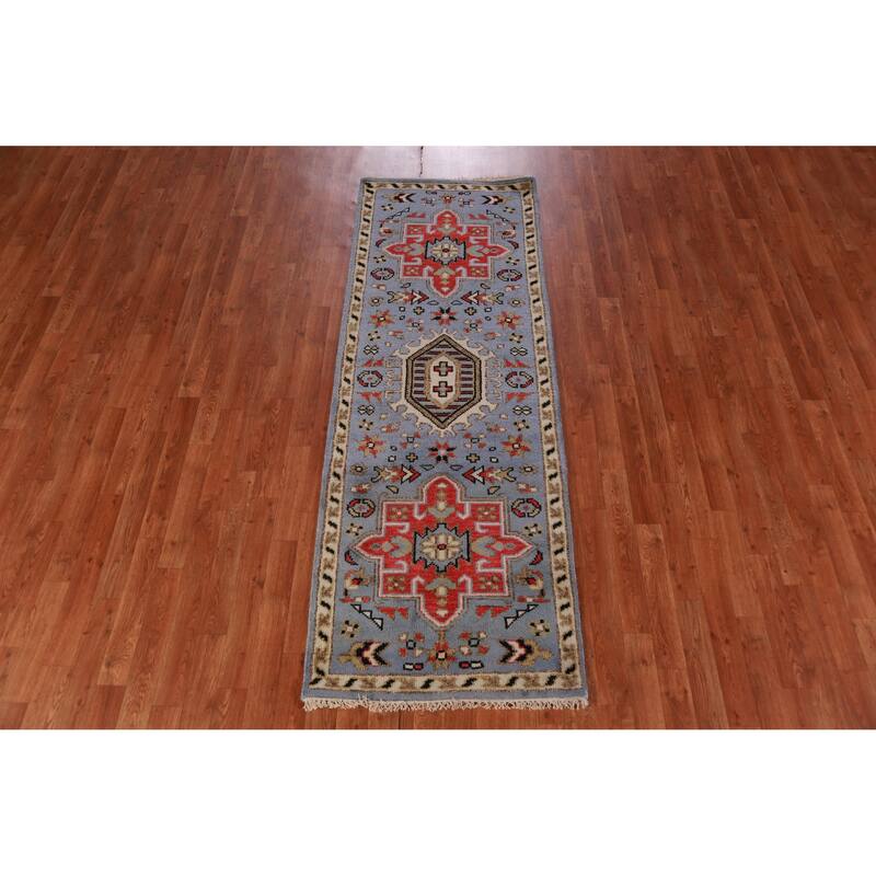 Hand Knotted Oriental 100% Wool Carpet Traditional Geometric Navy Blue & Blues Heriz (serapi) Runner Rug - 7' 6'' X 2' 7''