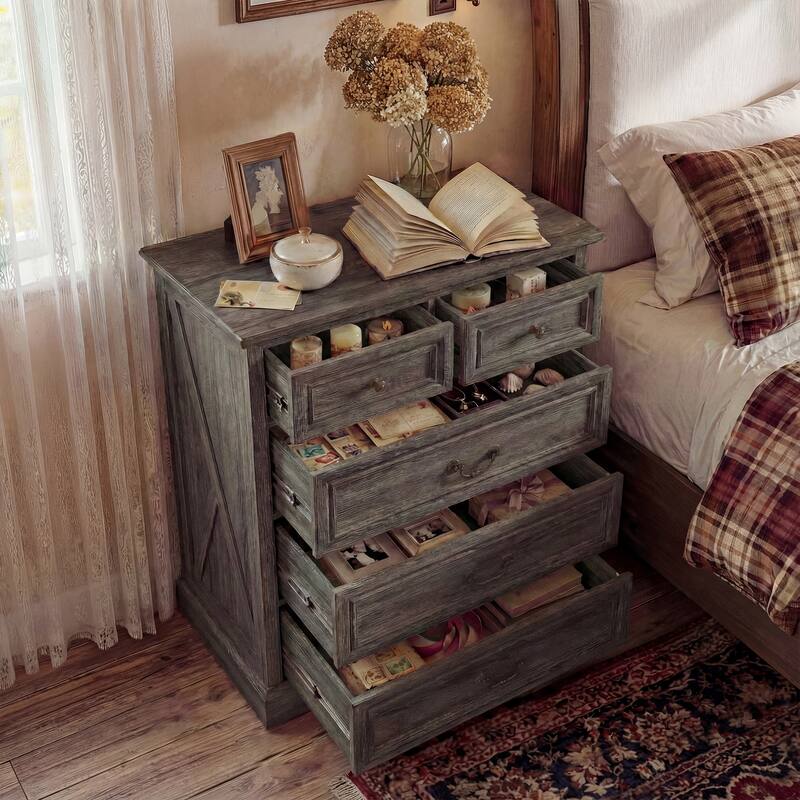 Farmhouse 5-Drawer Chest with Anti-Tip Device, Rustic Wooden Dresser for Bedroom, 36.3" Tall Storage Cabinet