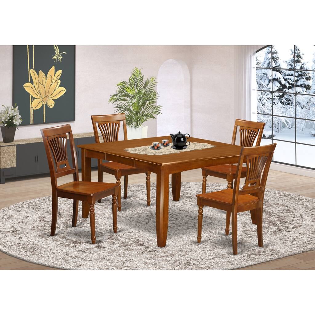 HomeStock 5-Piece Square Saddle Brown Finish Solid Wood Top Dining Table with 4 Chairs with Lattice Back
