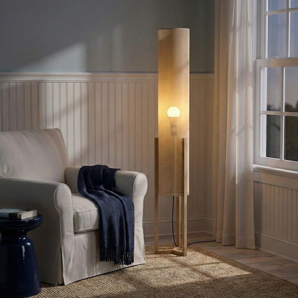 Kelly Modern Natural Wood Floor Lamp with Faux Linen Shade