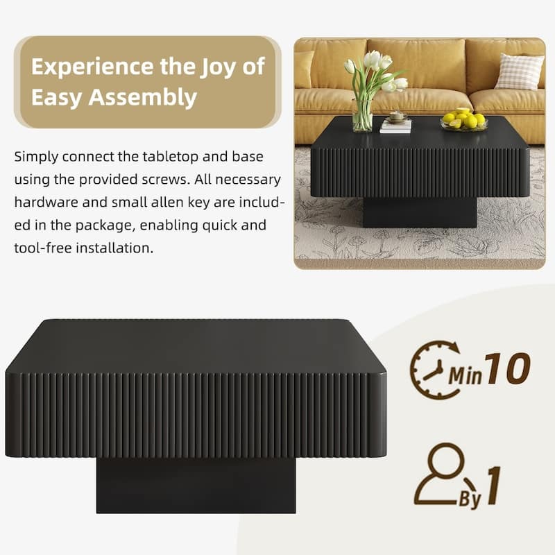 31.6" Modern Elegant Square Fluted Coffee Table with 7.1" Thick Tabletop