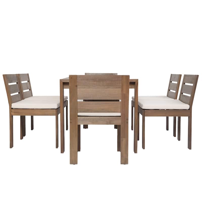 7 Piece Outdoor Dining Table Set, Acacia Wood Dining Table and Chair Set with Removable Cushions